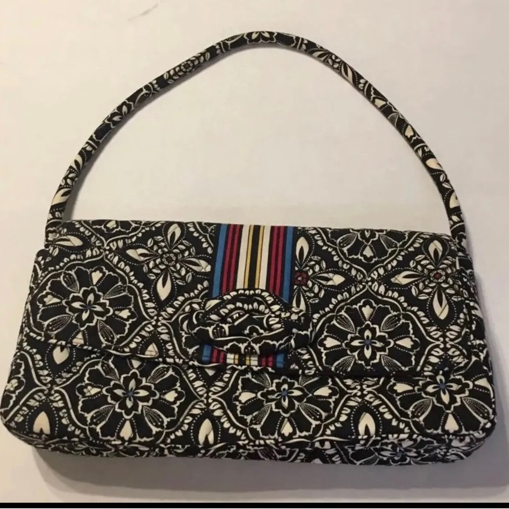 Vera Bradley Barcelona Hand bag Shoulder Purse Black White Multi Stripe EUC